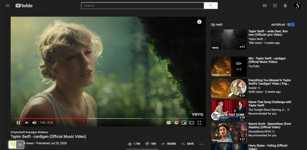 Mode sombre de YouTube qui utilise vos couleurs personnelles en mode nuit