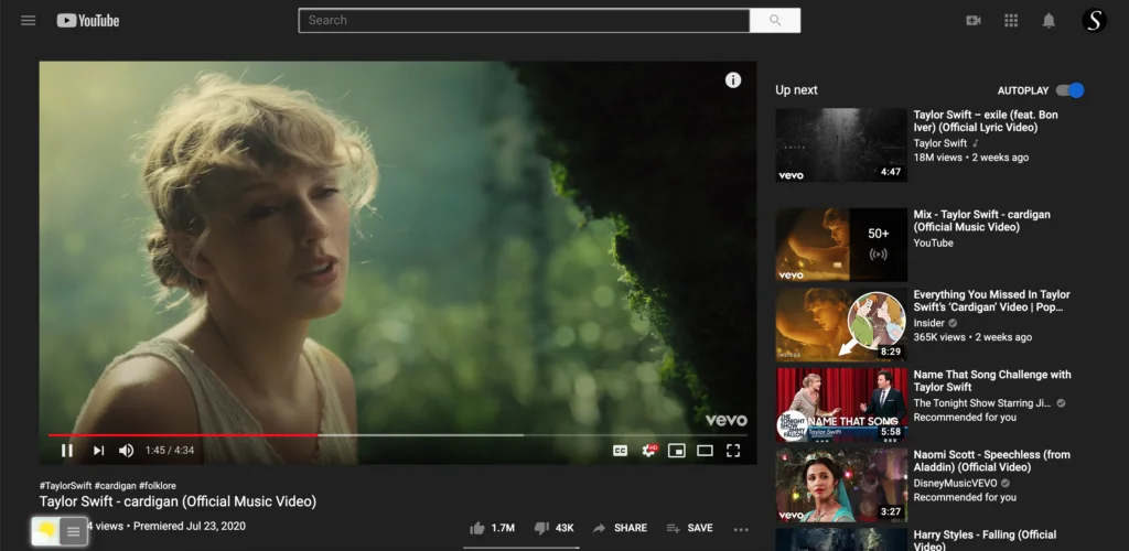 YouTube Dark Mode toggled