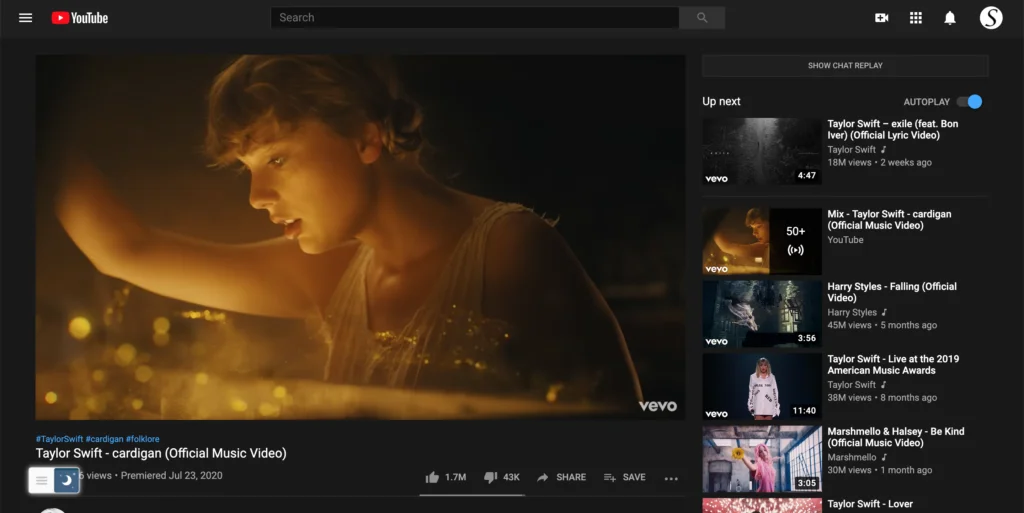 YouTube Dark Mode toggled