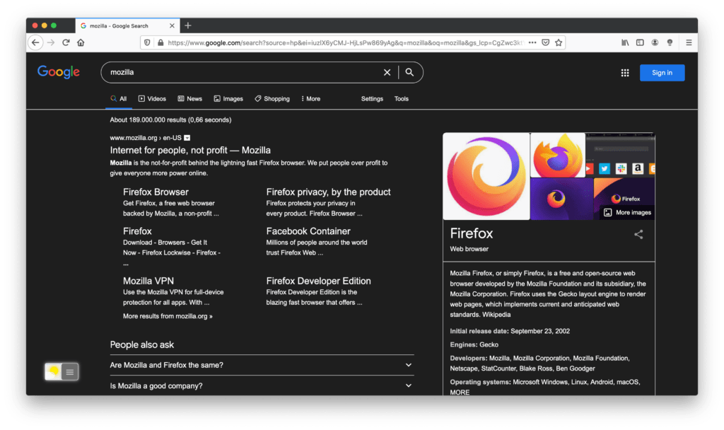 Night Mode enabled on the Google Search website in the Firefox web browser