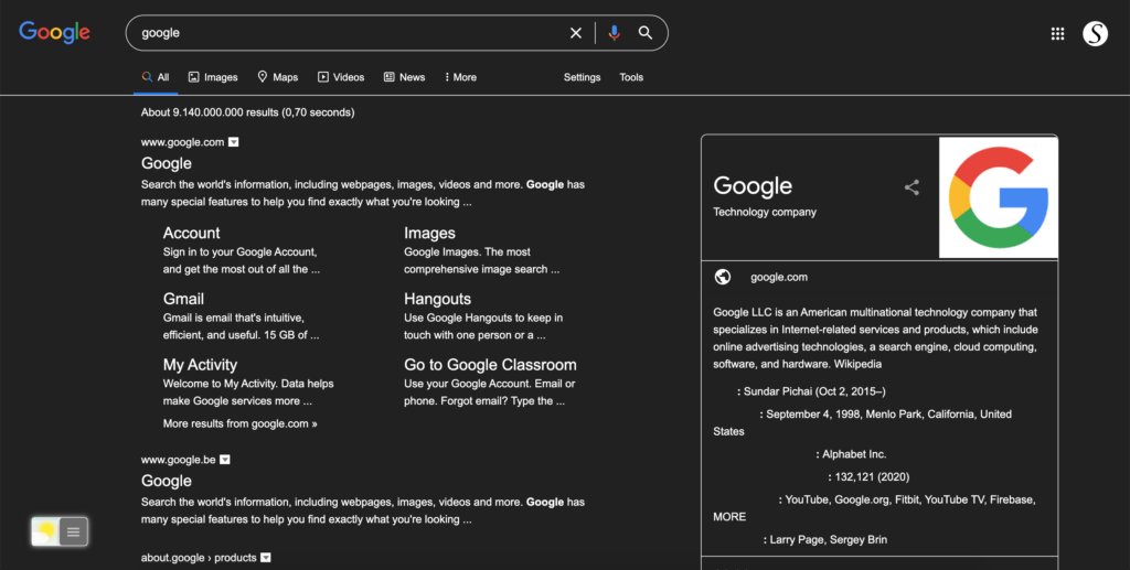 Google Search Dark Mode (no inverted images) with Turn Off the Lights browser extension