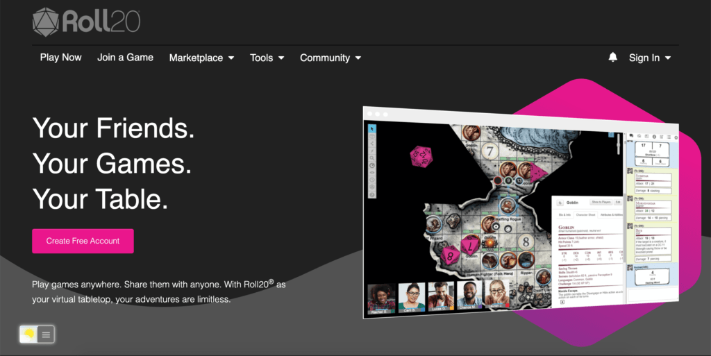 Roll20 Dark Mode website with the free Turn Off the Lights browser extension