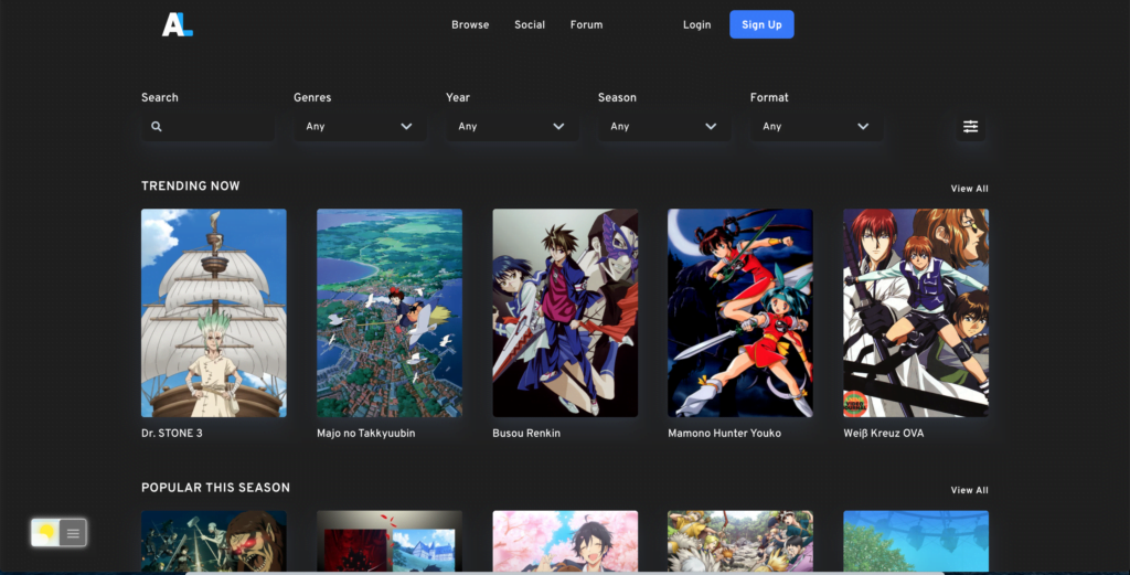 AniList Dark Mode website with the Turn Off the Lights browser extension using the Night Mode feature