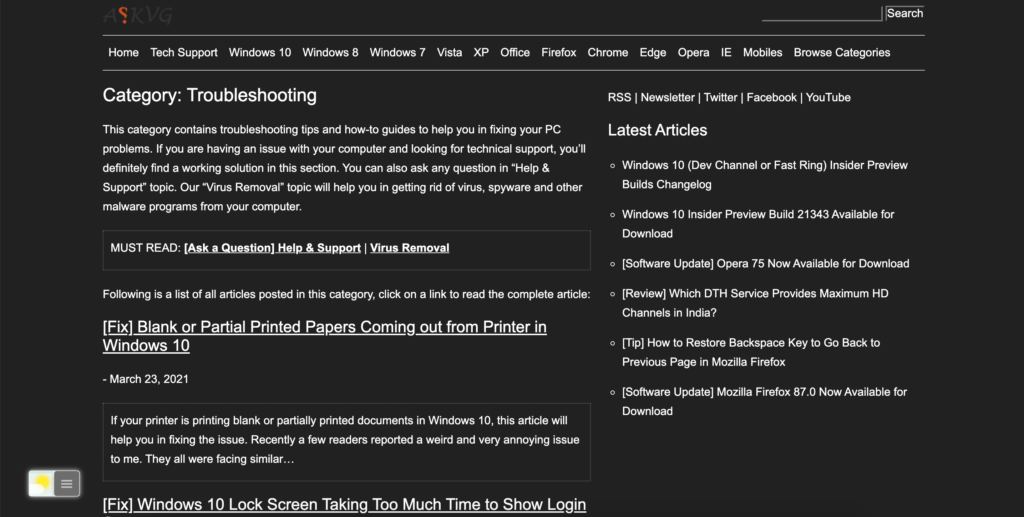 AskVG Dark Mode website thanks to the Turn Off the Lights browser extension