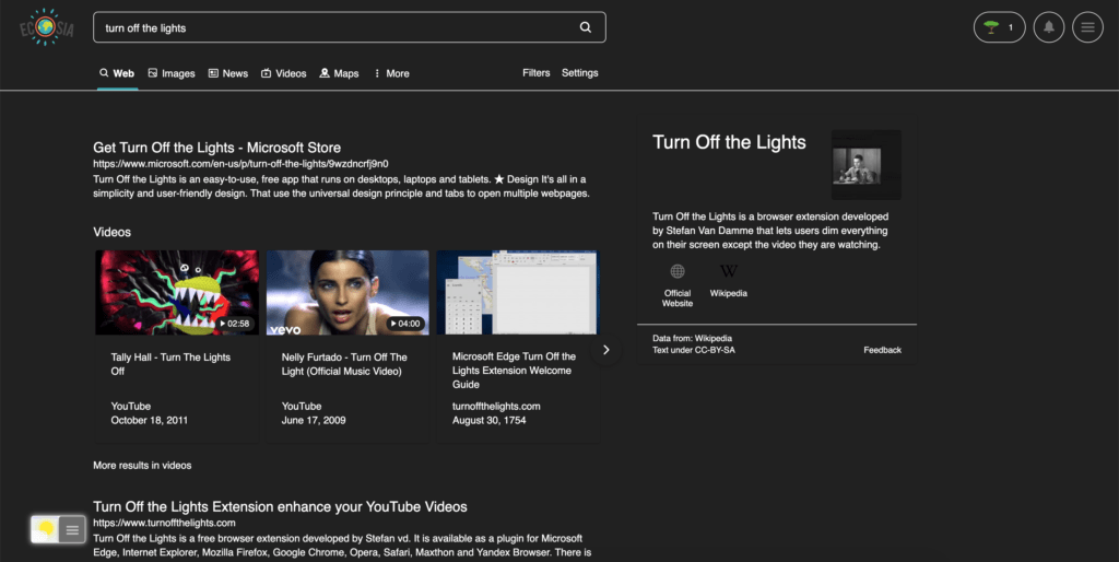 Página de búsqueda ecosia modo oscuro gracias a desactivar la extensión del navegador luces utilizando la función modo nocturno