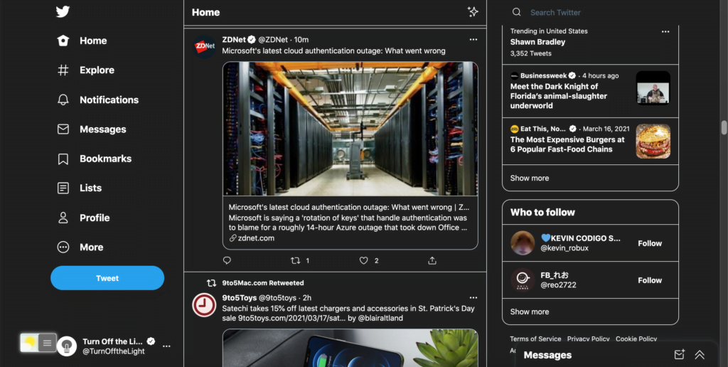 Modo Oscuro de Twitter con la función Modo nocturno en la extensión del navegador Apagar las luces