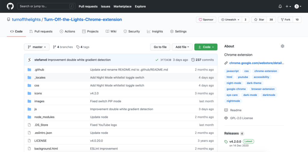 What is changed in the Turn Off the Lights browser extension is visible on the Github website