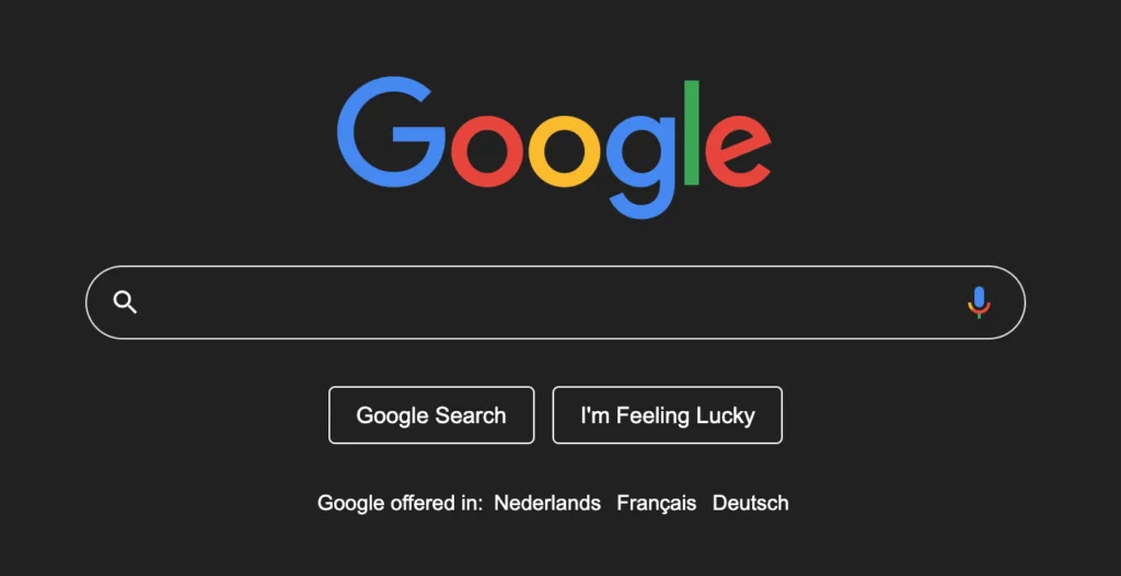 What is Dark Mode screenshot of the Google.com website in Night Mode