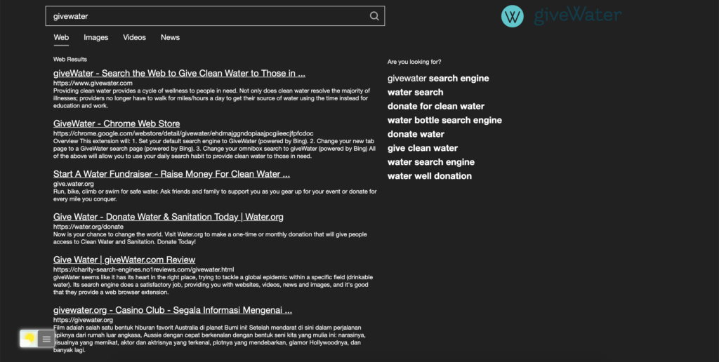 GiveWater Dark Mode activated with the free Turn Off the Lights browser extension