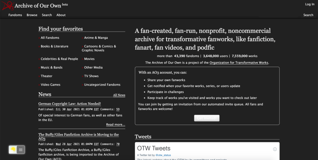 AO3 Dark Mode website thanks to the Night Mode feature in the free Turn Off the Lights browser extension