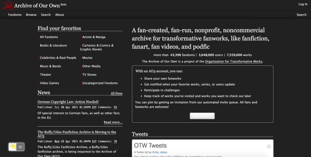 Sitio web de AO3 Dark Mode gracias a la función Night Mode en la extensión gratuita para navegador Turn Off the Lights