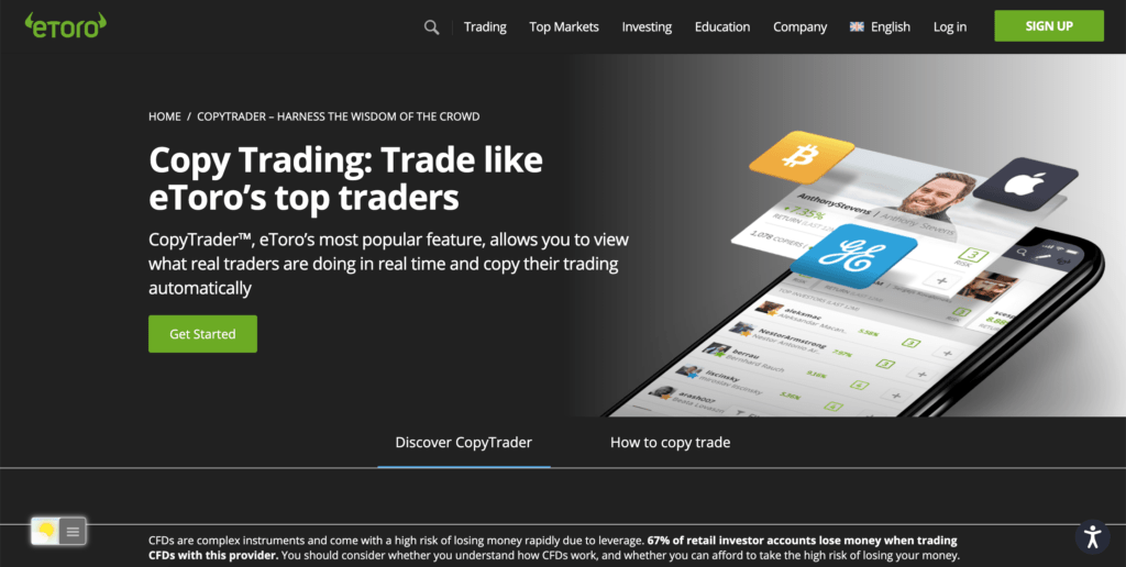 Etoro Dark Mode web site with the free Turn Off the Lights browser extension