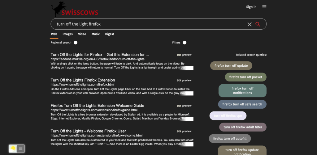 Swisscows Dark Mode website thanks to the Night Mode feature in the Turn Off the Lights browser extension