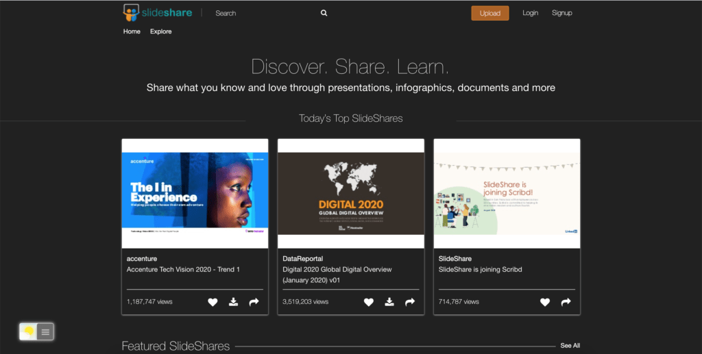 Slideshare Dark Mode website thanks to the Night Mode feature in the Turn Off the Lights browser extension