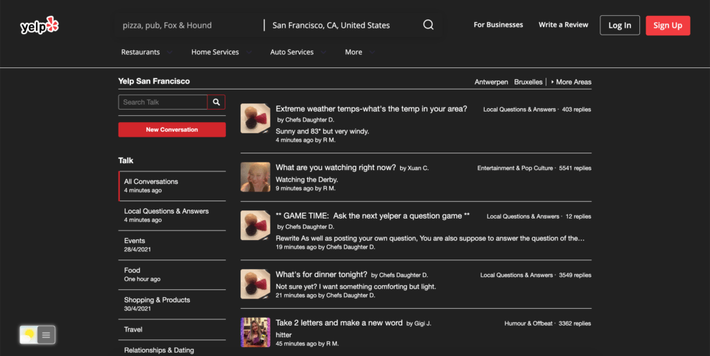 Yelp Dark Mode thanks to the Night Mode feature in the free Turn Off the Lights browser extension