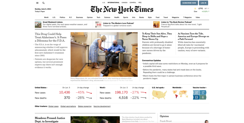 Regular NYT Times website in Google Chrome web browser