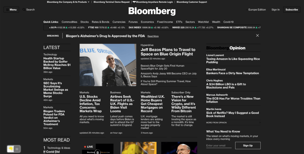 Bloomberg Dark mode with the free Turn Off the Lights browser extension