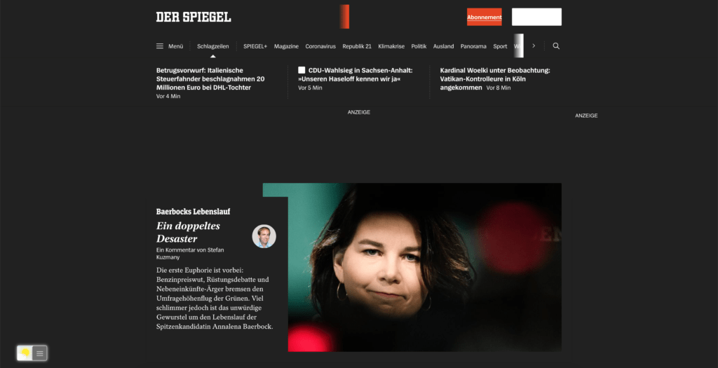 Spiegel Dark Mode website with the free Turn Off the Lights browser extension