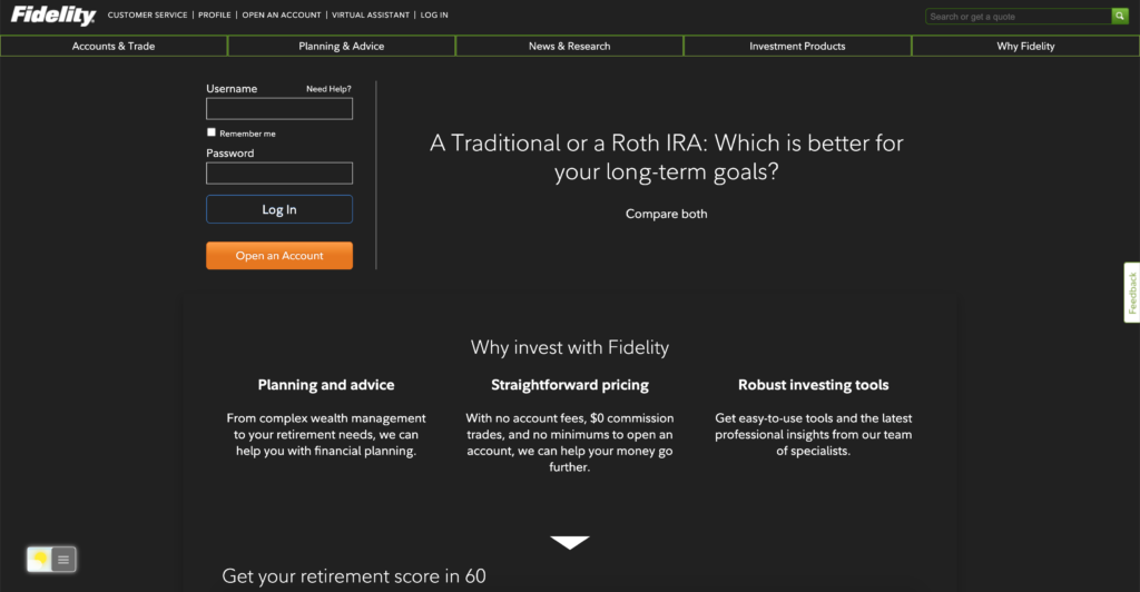 Fidelity dark mode website