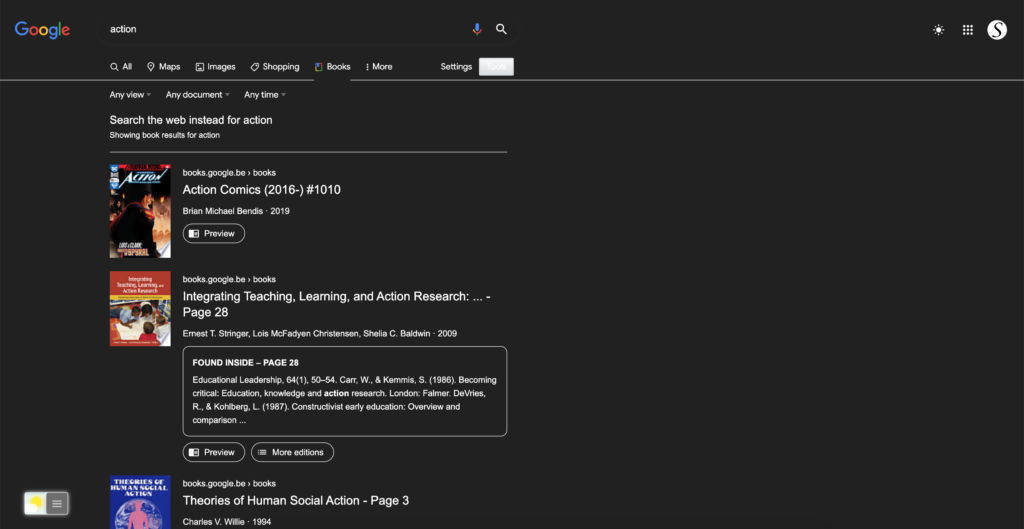 Google Books Dark Mode with the free Turn Off the Lights browser extension