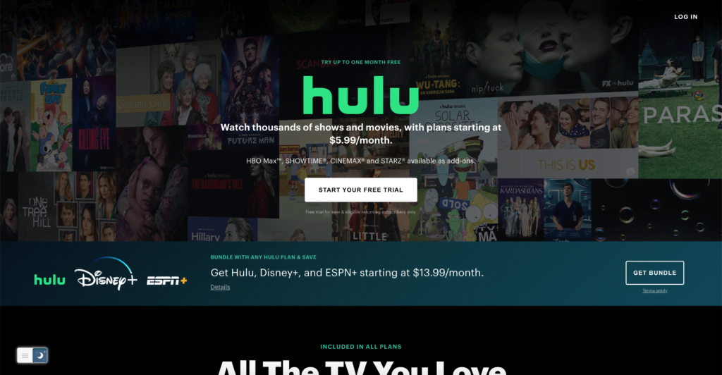 Hulu website with a Hulu Dark Mode website style