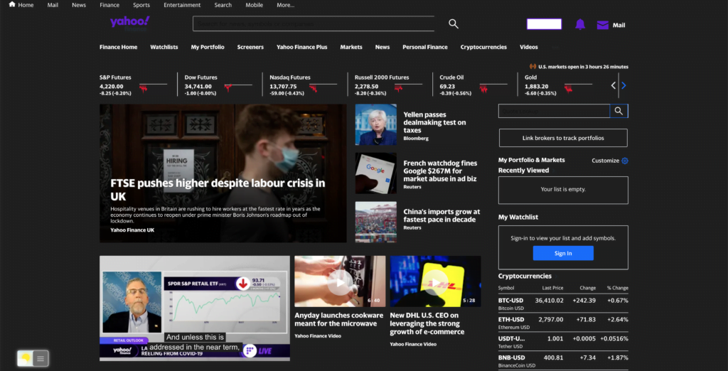 Yahoo Finance Dark Mode website