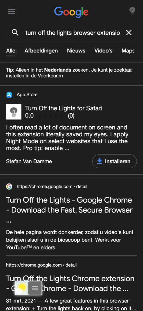 Dutch Google search page on Safari web browser, that with the Night Mode enabled. You can get Safari dark mode extension free on the Apple App Store.