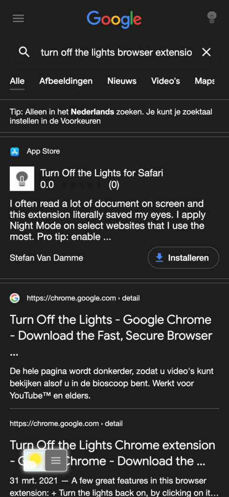 Página de búsqueda holandesa de Google en el navegador web Safari, que tiene el modo nocturno habilitado. Puede obtener la extensión del modo oscuro de Safari de forma gratuita en la App Store de Apple.