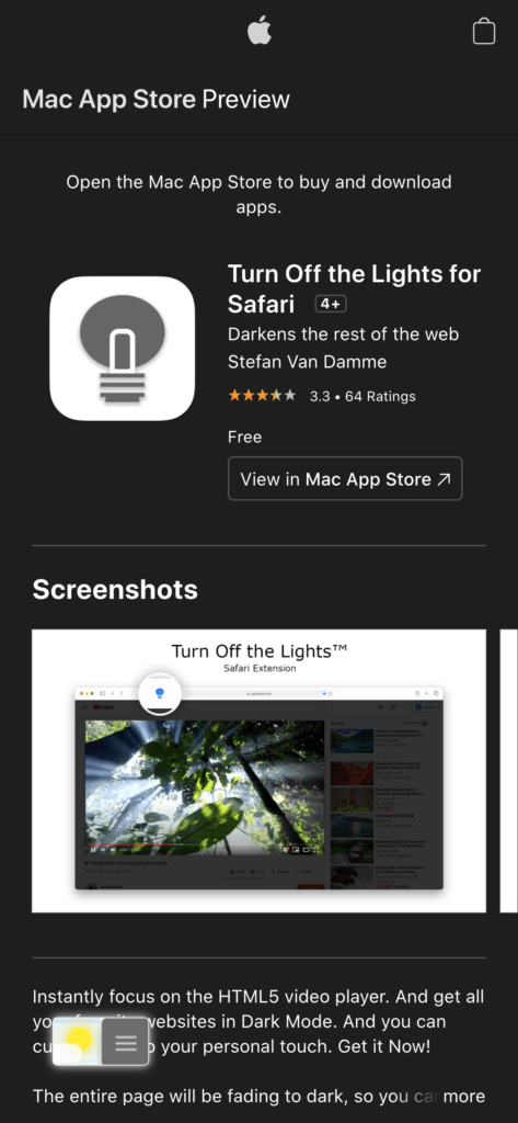 Instalar la extensión Safari Dark Mode iPhone, que se llama la aplicación "Turn Off the Lights for Safari".