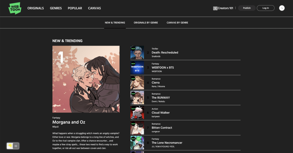 Webtoon Dark Mode website with the Turn Off the Lights browser extension