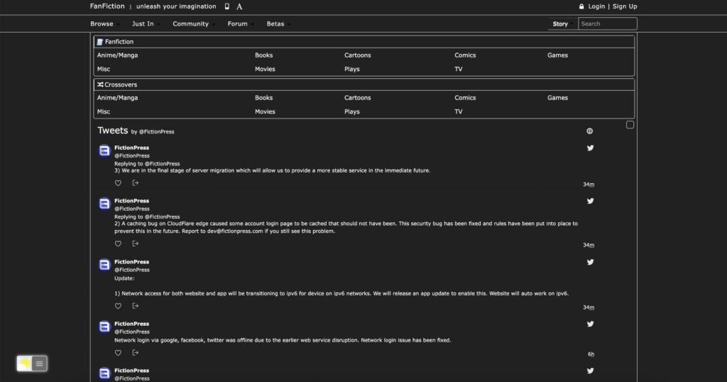 Fanfiction Dark Mode thanks to the free and Open-Source Turn Off the Lights browser extension