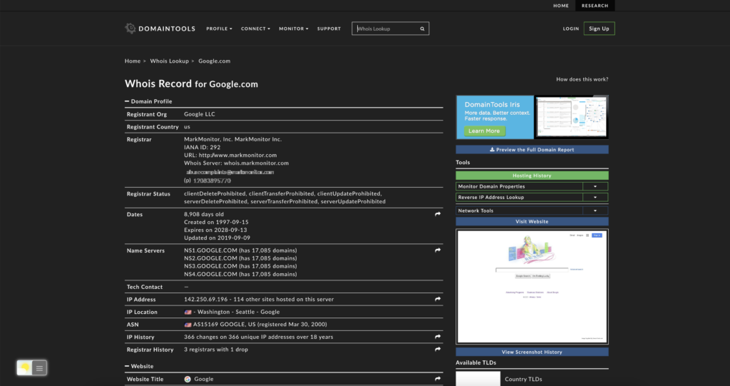 Domaintools.com Dark Mode with the Turn Off the Lights browser extension. That with the Night Mode feature enabled.