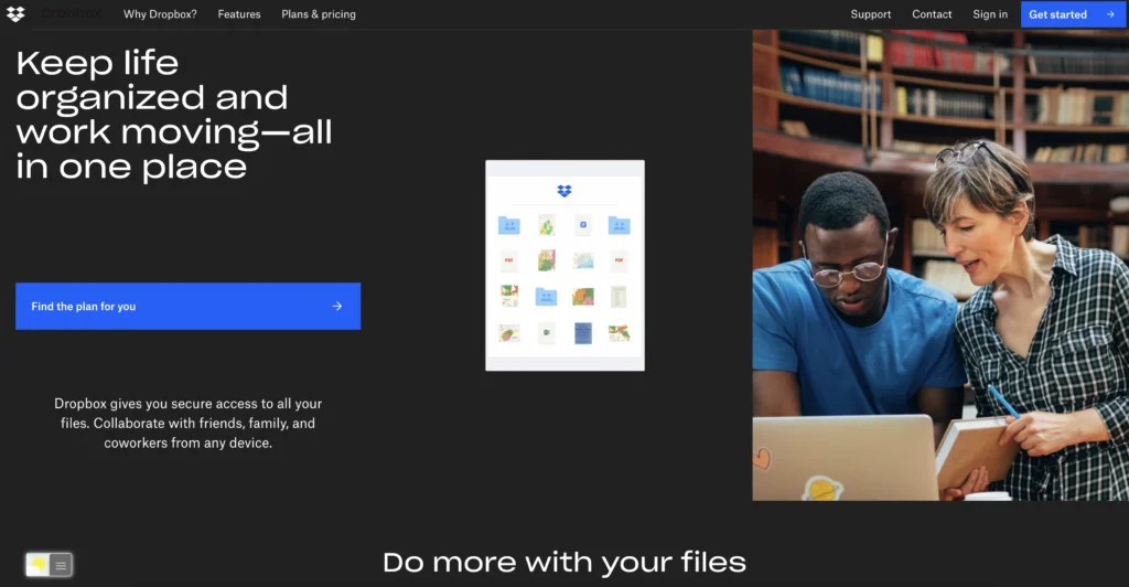 Site web de Dropbox avec la fonction Night Mode activée par l'extension de navigateur Turn Off the Lights (éteindre les lumières)