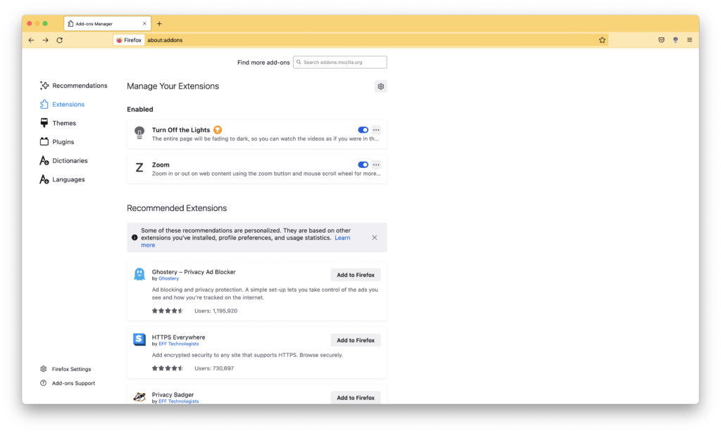 Firefox addons page to manage your installed Firefox extensions