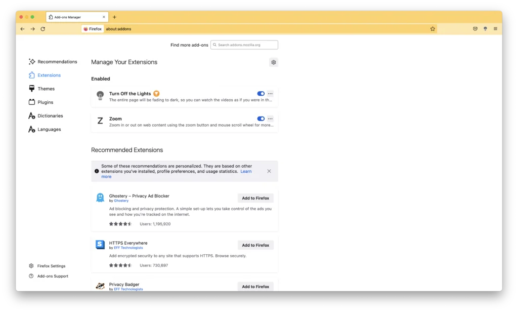 Firefox-Addons-Seite zur Verwaltung Ihrer installierten Firefox-Erweiterungen