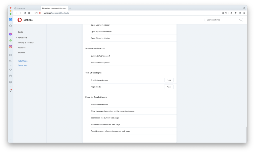 Opera settings page to change the keyboard shortcut key of Turn Off the Lights