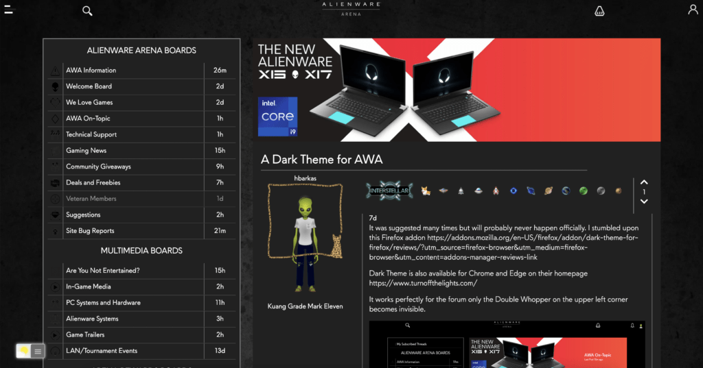 Alienware Arena Dark Mode activated with the free and Open-Source Turn Off the Lights browser extension 