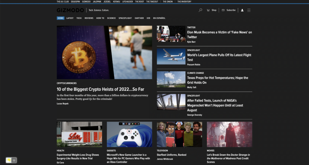 Dark Mode for Gizmodo with the help of the free and Open-Source Turn Off the Lights browser extension