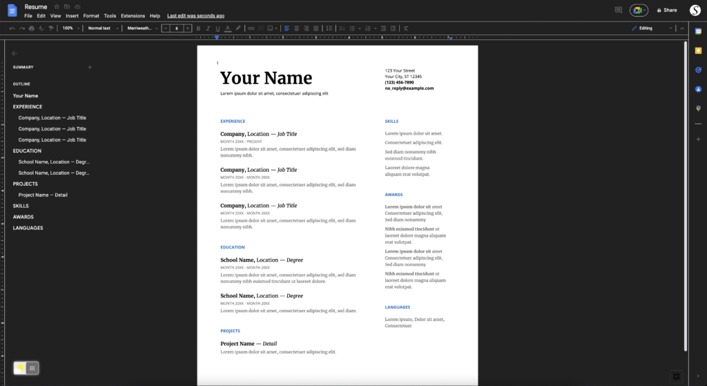 Google Docs Dark Mode with the user interface in dark