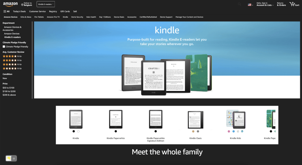Amazon Kindle Dark Mode website with the free and Open-Source Turn Off the Lights browser extension