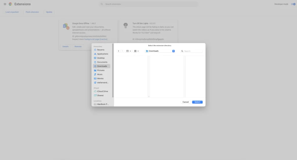 Das Dialogfenster "Ordner" wird angezeigt, und suchen Sie den Ordner der Chrome-Erweiterung.