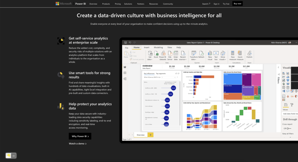 Microsoft Power Bi Dark Mode website version activated with the free and Open-Source Turn Off the Lights browser extension