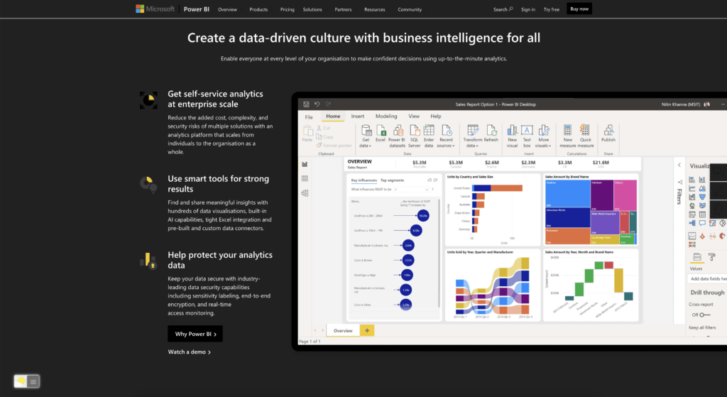 Versión del sitio web modo oscuro Microsoft Power Bi activada con la extensión de navegador gratuita y de código abierto Turn Off the Lights