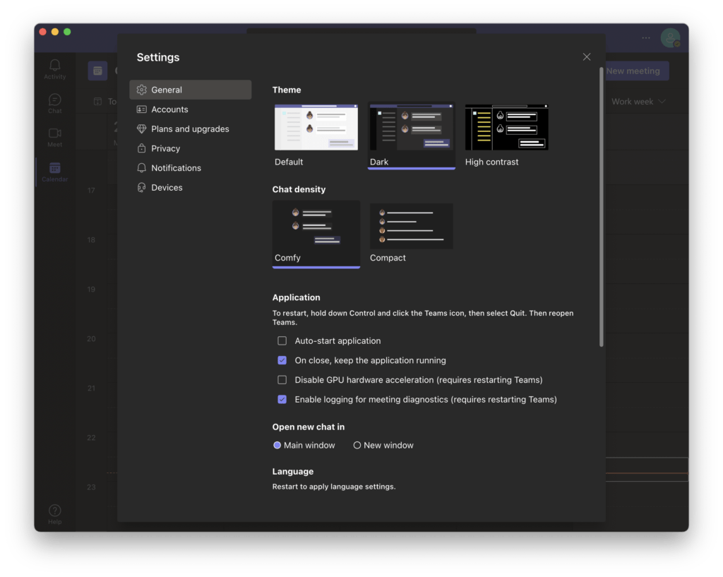 Microsoft Teams Settings page with Dark theme enabled (on macOS) 