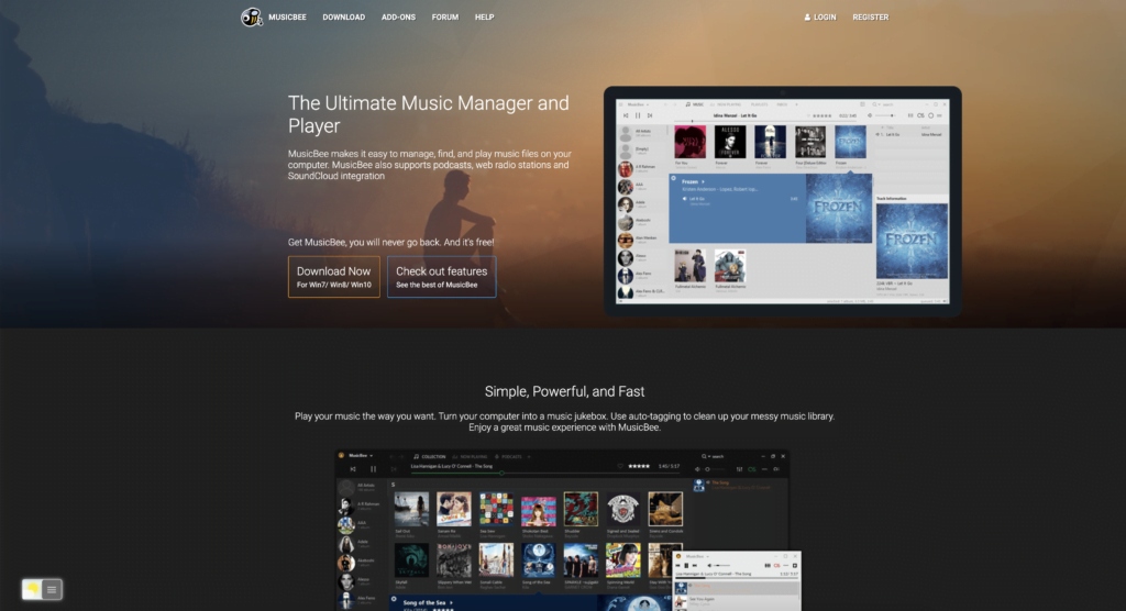 Modo Oscuro MusicBee está habilitado con la extensión de navegador gratuita y de código abierto Turn Off the Lights usando la función Modo nocturno