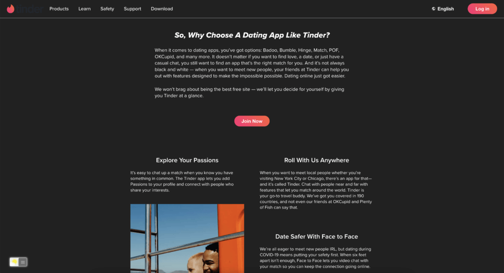 Tinder Dark Mode website with the free and Open-Source Turn Off the Lights browser extension