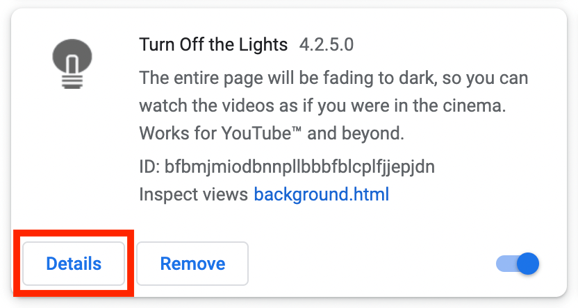 Chrome://extensions 页面上的 Turn Off the Lights Chrome 扩展程序