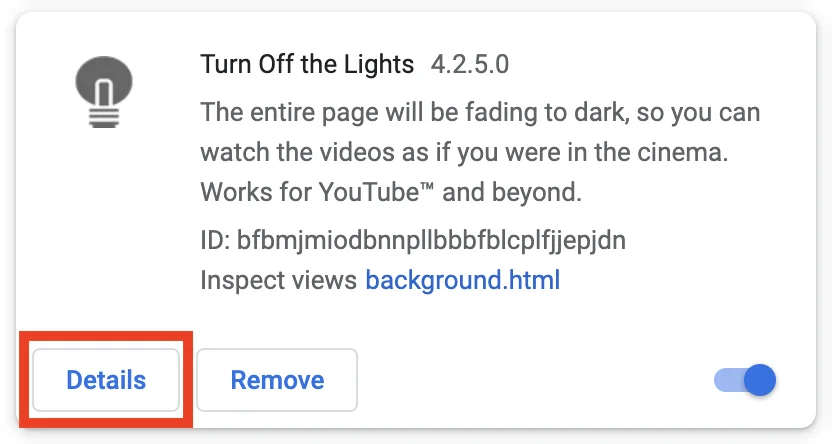 Turn Off the Lights Chrome extension on the Chrome://extensions page