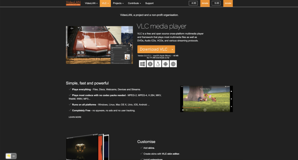 VLC Dark Mode website thanks to the free and Open-Source Turn Off the Lights browser extension, that is using the Night Mode feature