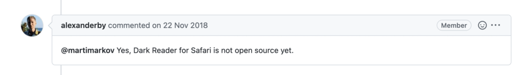 The developer of Dark Reader said that Dark Reader for Safari is not free and Open-Source